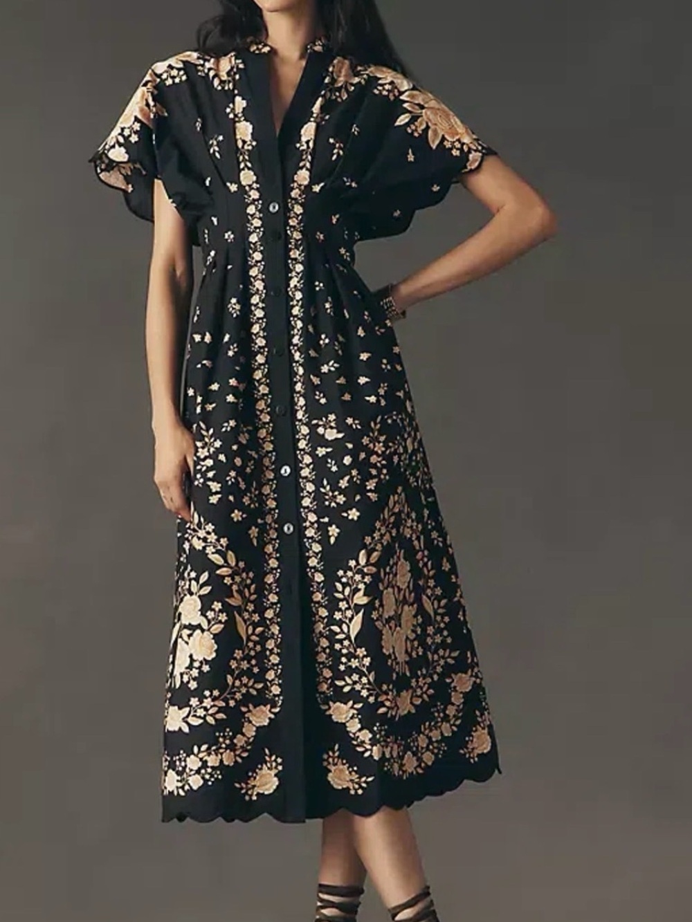 Farm Rio x Anthropologie Floral Embroidered Black and Gold Midi Dress Size Small